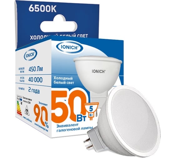 Изображение товара Светодиодная лампа светодиодная акцентного освещения IONICH ILED-SMD2835-JCDR-5Вт-450Лм-230В-6500К-GU5.3 1792
