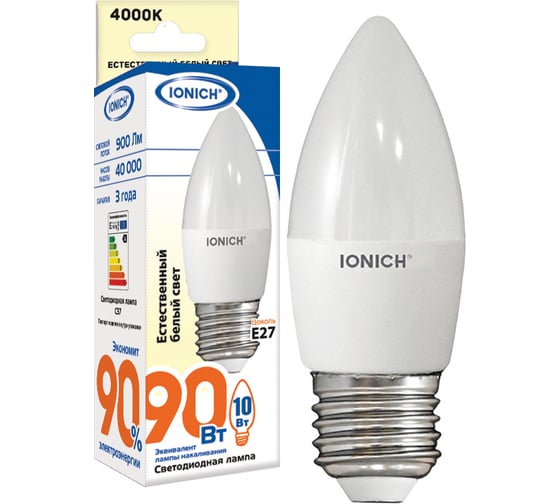 Изображение товара Светодиодная лампа IONICH Свеча ILED-SMD2835-C37-10Вт-900Лм-230В-2700К-E27 1800