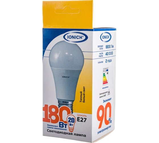 Изображение товара Светодиодная лампа общего назначения IONICH ILED-SMD2835-A60-20Вт-1800Лм-230В-2700К-E27 1807