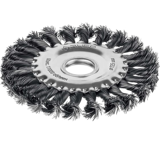 Изображение товара Щетка дисковая ЗУБР 125x22 мм, для УШМ, жгутированная стальная проволока 0.5 мм, посад. 22 мм 35170-125