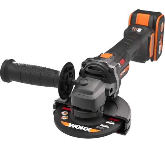 Изображение товара Угловая шлифмашина бесщёточная аккумуляторная WORX 125мм, 20В, 4Ач х1, ЗУ 2А WX814