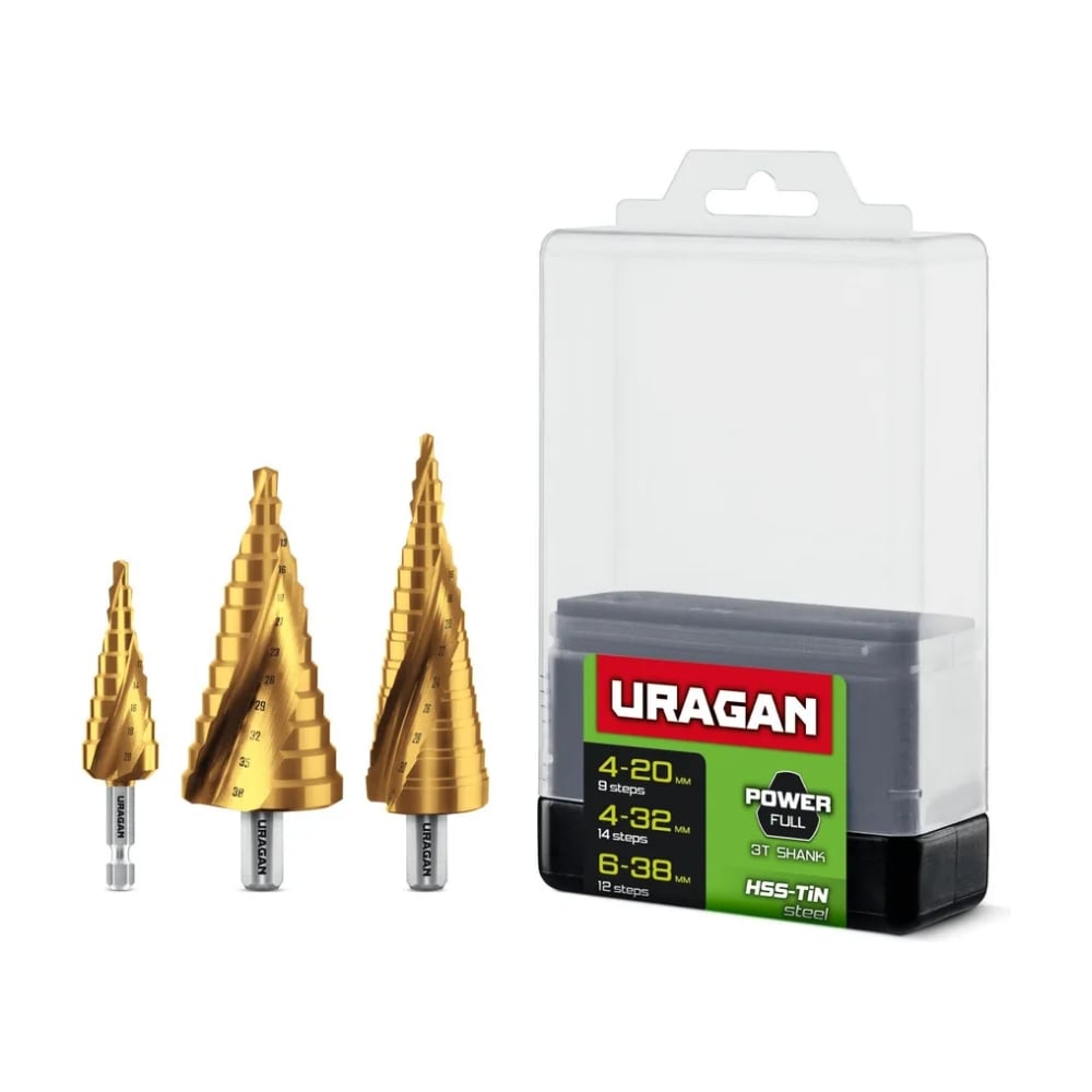 Изображение товара Набор сверл ступенчатых Uragan 3 шт диаметров 4-38 мм с винтовой спиралью