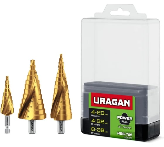 Изображение товара Набор сверл ступенчатых Uragan 3 шт, 4-38мм, винтовая спираль 29658-4-38-H3