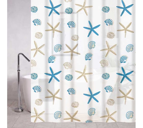 Изображение товара Штора САНАКС с рисунком, ракушки, матовая, в ванную комнату, с кольцами, peva, 180 х 180 см 06-08