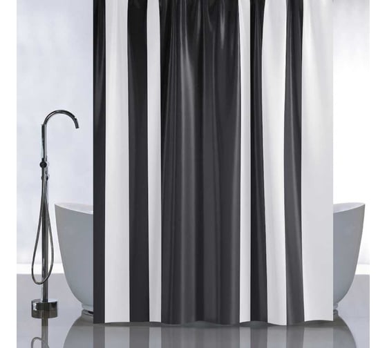 Изображение товара Штора САНАКС с рисунком, черные полосы вертикальные, в ванную комнату, без колец, полиэстер, 180х180 см 01-97