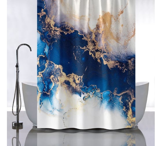 Изображение товара Штора САНАКС с рисунком синий мрамор с золотом, в ванную комнату, без колец - полиэстэр, 180 х 180 см. 01-113