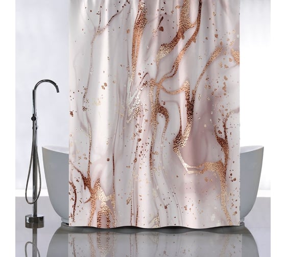 Изображение товара Штора САНАКС с рисунком, бежевый мрамор с золотом, в ванную комнату, без колец - полиэстэр, 180 х 180 см. 01-110