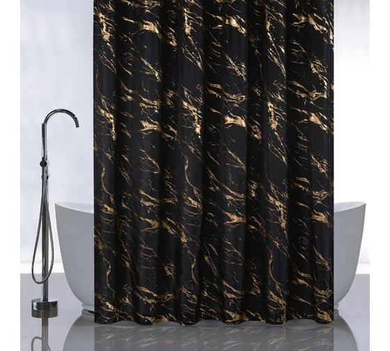 Изображение товара Штора САНАКС с рисунком чёрный мрамор с золотом, в ванную комнату, без колец - полиэстэр 01-108