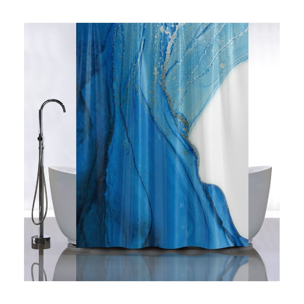 Изображение товара Штора САНАКС с рисунком синий мрамор серебро для ванной 180x180 см