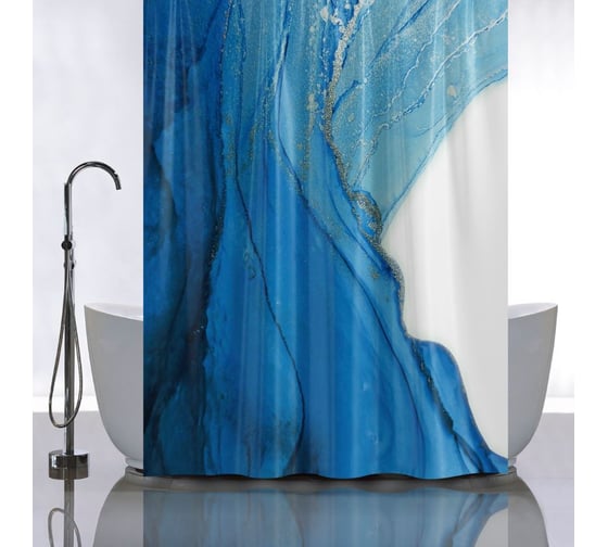 Изображение товара Штора САНАКС с рисунком синий мрамор с серебром, в ванную комнату, без колец - полиэстэр, 180 х 180 см. 01-115