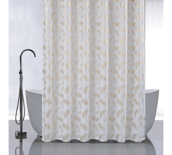 Изображение товара Штора САНАКС с рисунком, золотые перья на белом, в ванную комнату, без колец - полиэстэр, 180 х 180 см 01-106
