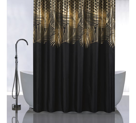 Изображение товара Штора САНАКС с рисунком, золотые перья на черном, в ванную комнату, без колец - полиэстэр, 180 х 180 см 01-107