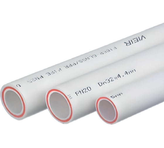 Изображение товара Труба полипропиленовая VIEIR 2 шт армированная стекловолокном 25x4.2 мм PN25 длина 2 метра для систем отопления и водоснабжения VRFB25-2