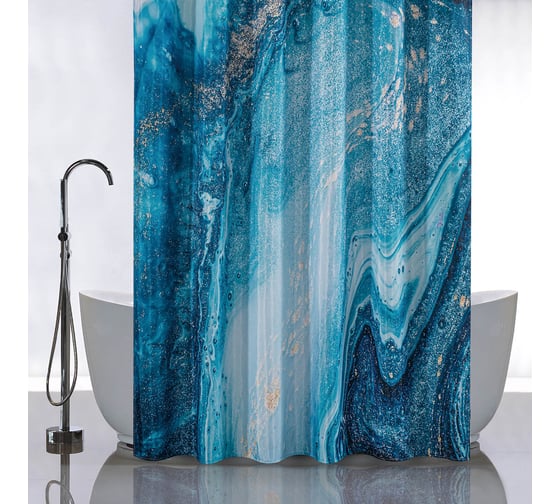 Изображение товара Штора САНАКС с рисунком, бирюзовый мрамор, в ванную комнату, без колец, полиэстэр 01-79