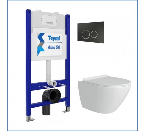 Изображение товара Инсталляция комплект 5 в 1 Teymi унитаз подвесной безободковый Lina Pro кнопка черная/хром F13515 ЦБ-00297757