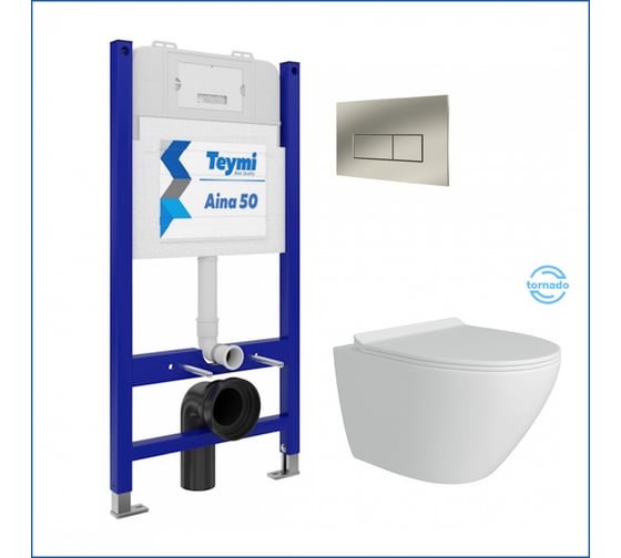 Изображение товара Инсталляция комплект 5 в 1 Teymi унитаз подвесной безободковый торнадо Lina Pro Vortex кнопка нержавеющая сталь F14473 ЦБ-00297781