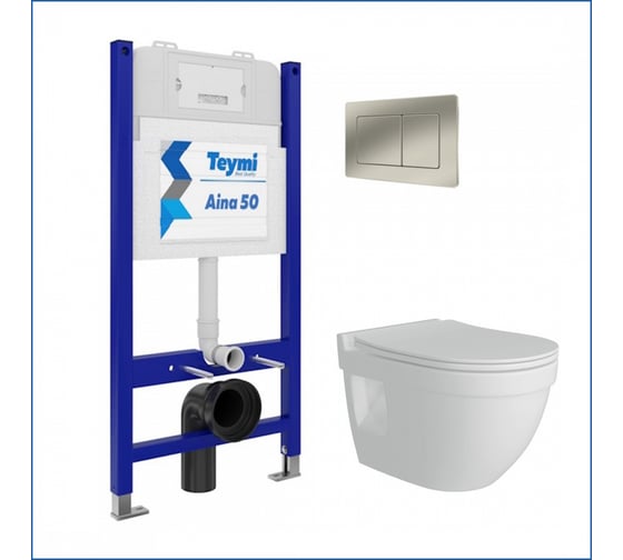 Изображение товара Инсталляция комплект 5 в 1 Teymi унитаз подвесной безободковый Vitra Pro кнопка нержавеющая сталь F13482 ЦБ-00297735