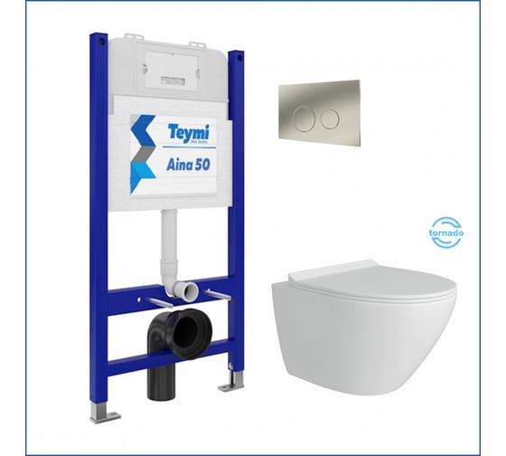 Изображение товара Инсталляция комплект 5 в 1 Teymi унитаз подвесной безободковый торнадо Lina Pro Vortex кнопка нержавеющая сталь F14479 ЦБ-00297780