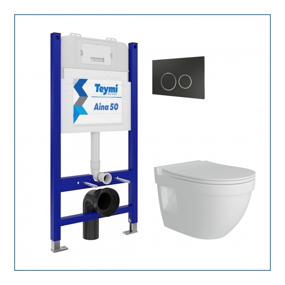 Изображение товара Инсталляция комплект 5 в 1 Teymi унитаз подвесной безободковый Vitra Pro клавиша черная хром