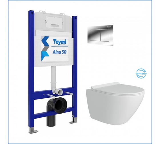 Изображение товара Инсталляция комплект 5 в 1 Teymi унитаз подвесной безободковый торнадо Lina Pro Vortex кнопка хром F14482 ЦБ-00285746