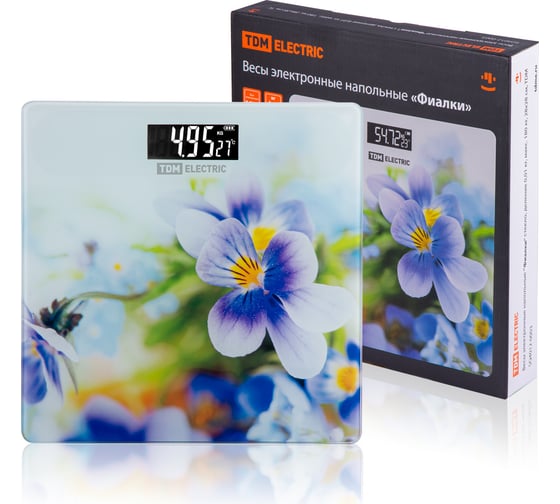 Изображение товара Электронные напольные весы TDM ELECTRIC Фиалки, стекло, деление 0,01 кг, макс. 180 кг, 28х28 см SQ4012-0003