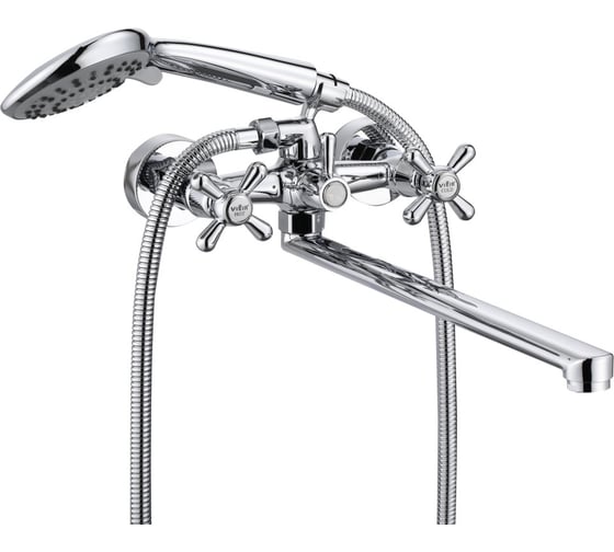 Изображение товара Смеситель для ванны ViEiR двухрычажный, с длинным плоским изливом, латунь, хром, душевой гарнитур V120142
