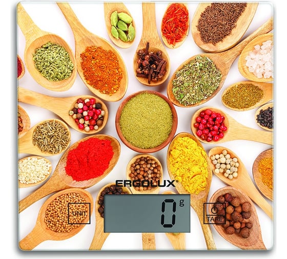 Изображение товара Кухонные весы ERGOLUX ELX-SK01-С11 яркие приправы, до 5 кг, 150х150 мм 14361