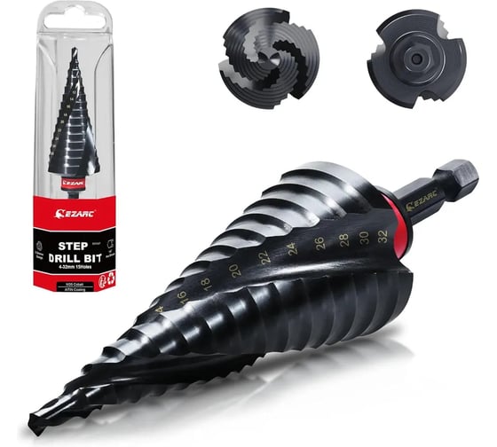 Изображение товара Кобальтовое ступенчатое сверло Ezarc, диаметр 4-32 мм, для металла, нержавеющей стали, дерева и пластика 80374322