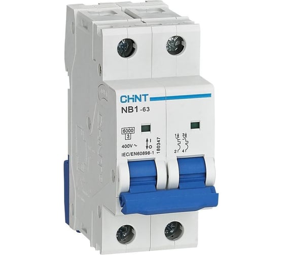 Изображение товара Автоматический выключатель CHINT NB1-63 2P 63А 6кА х-ка D (DB) (R) 179682
