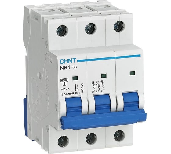 Изображение товара Автоматический выключатель CHINT NB1-63 3P 2А 6кА х-ка B (DB) (R) 179687