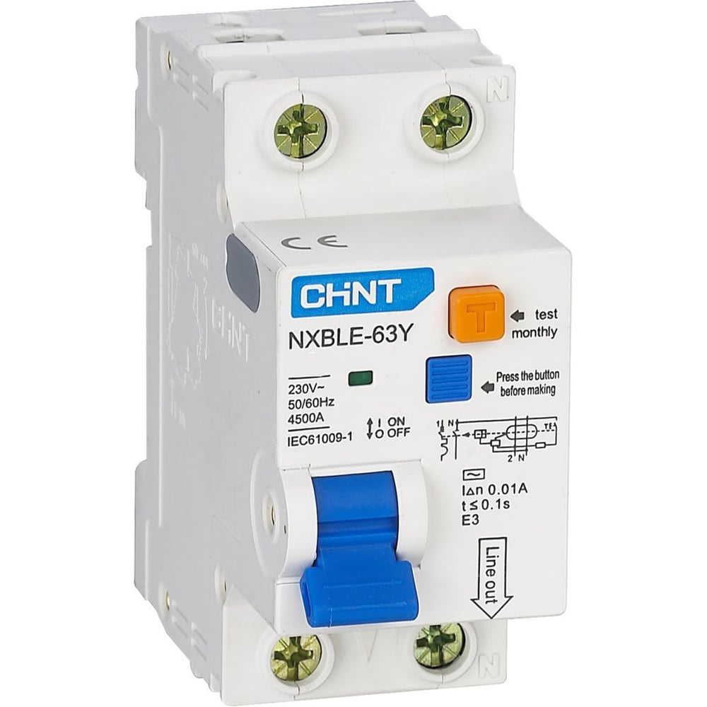 Изображение товара Автоматический выключатель дифференциального тока CHINT NXBLE-63Y 1P+N 30мА IP20