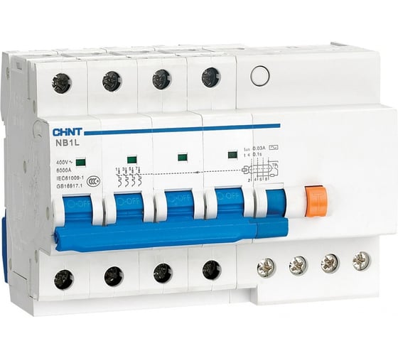 Изображение товара Автоматический выключатель дифференциального тока (АВДТ) CHINT NB1L-40 4P C20 30мА тип A 6кА, электромеханический (R) 198118