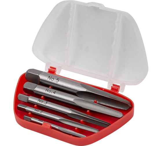 Изображение товара Набор экстракторов резьбы Rockforce 6 предметов (М3-М18; Ø:3-6мм, 6-8мм, 8-11мм, 11-14мм, 14-18мм), в пластиковом футляре RF-63005C(27782)