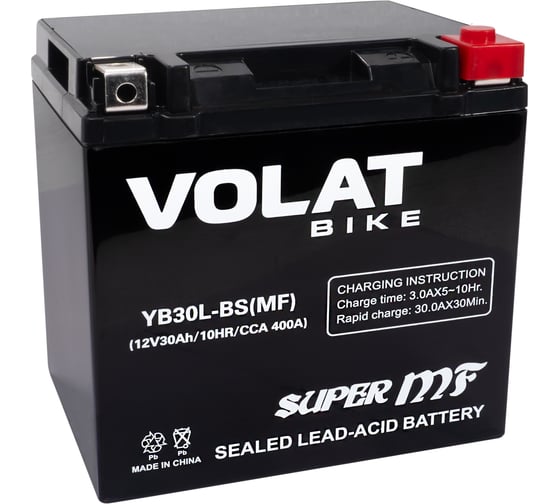 Изображение товара Мотоаккумулятор VOLAT 12V 30Ah YB30L-BS (MF) R+, для мотоцикла, скутера, гидроцикла, квадроцикла, снегохода и генератора 166x127x175 YB30L-BS YB30L-BS(MF)Volat
