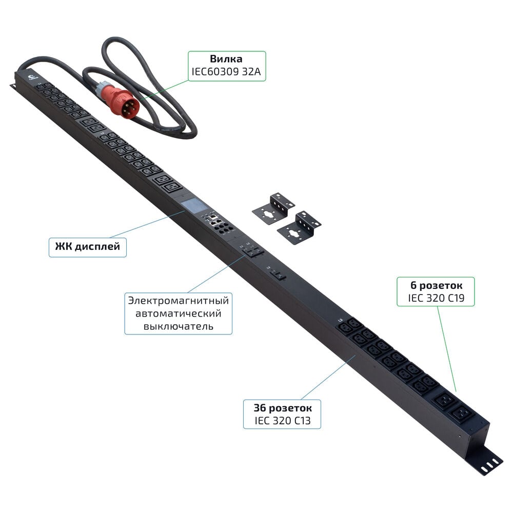 Изображение товара Вертикальный блок распределения питания Cabeus с 42 розетками IEC 320 C13 и C19 для 3-фазных систем