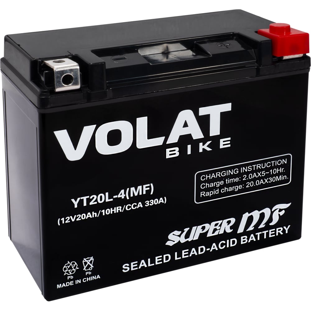 Изображение товара Мотоаккумулятор VOLAT 12V 20Ah YT20L-4(MF)R+, для мотоцикла, скутера, гидроцикла, квадроцикла, снегохода и генератора 177x88x155 YT20-4 YT20L-4(MF) YT20L-4(MF)Volat