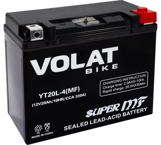 Изображение товара Мотоаккумулятор VOLAT 12V 20Ah YT20L-4(MF)R+, для мотоцикла, скутера, гидроцикла, квадроцикла, снегохода и генератора 177x88x155 YT20-4 YT20L-4(MF) YT20L-4(MF)Volat