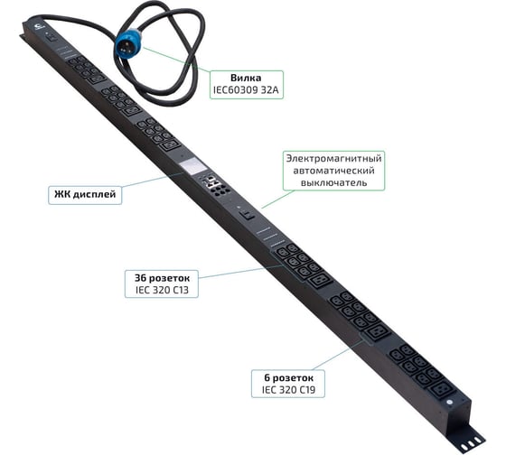 Изображение товара Блок распределения питания Cabeus вертикальный, 36 розеток IEC 320 C13, 6 розеток IEC 320 C19, 1 фаза, 32А, 2х16А, автомат защиты, 24 SMART-PDU-32-1P-36C13-6C19-I309-CM