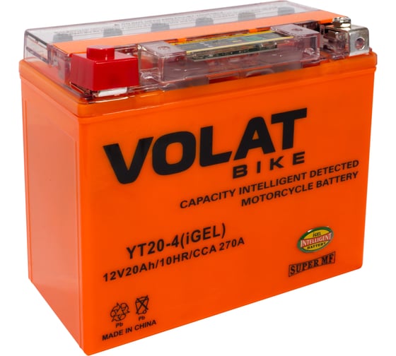 Изображение товара Мотоаккумулятор VOLAT 12V 20Ah YT20-4(iGEL) L+, для мотоцикла, скутера, гидроцикла, квадроцикла, снегохода и генератора 175х87х155 YT20-4(iGEL) YT20-4(iGEL)Volat