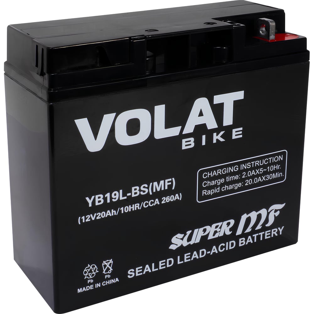 Изображение товара Мотоаккумулятор VOLAT 12V 20Ah YB19L-BS(MF) R+, для мотоцикла, скутера, гидроцикла, квадроцикла, снегохода и генератора 181x77x167 YB19L-BS(MF) YB19L-BS(MF)Volat