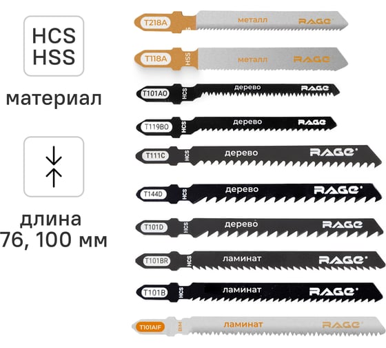 Изображение товара Набор пилок RAGE для лобзика универсальный по дереву металлу и ламинату 10 шт 552201