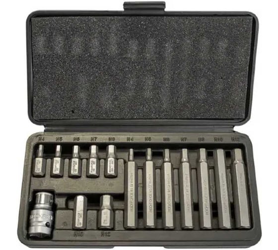 Изображение товара Набор бит Rockforce HEX с битодержателем,15 предметов 1/2(L:30/75мм;4-8,10,12мм) RF-4155[C](27211)