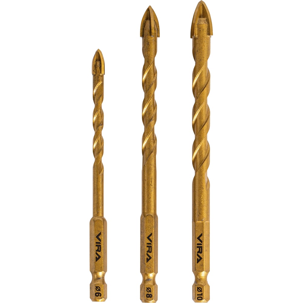 Изображение товара Набор сверл по стеклу и керамике VIRA TiN 3 шт с шестигранным хвостовиком