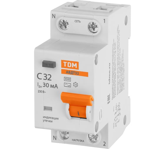 Изображение товара АВДТ TDM ELECTRIC 32 2P(1P+N) C32А 30мА 4,5кА тип АС SQ0202-0506