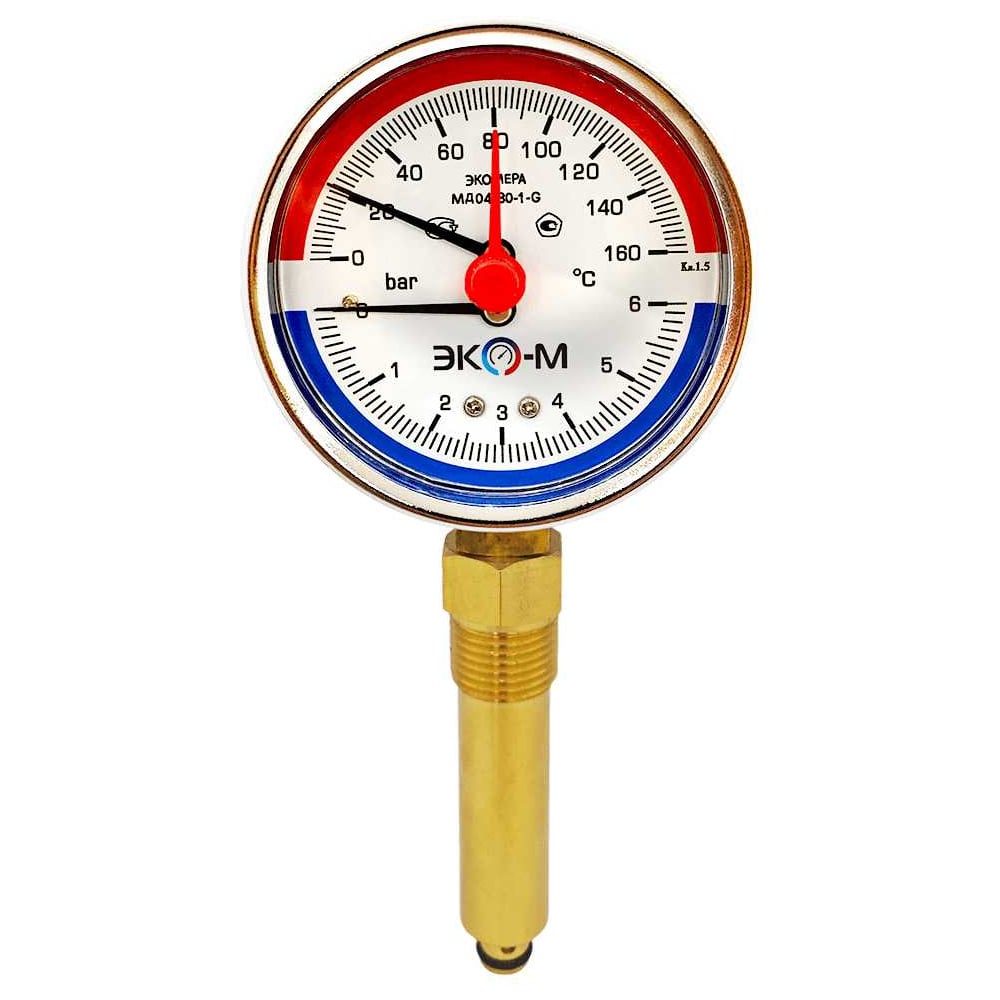 Изображение товара Термоманометр ЭКО-М МД04-80мм 0..6бар 0..160С G1\4 с переходником на G1\2