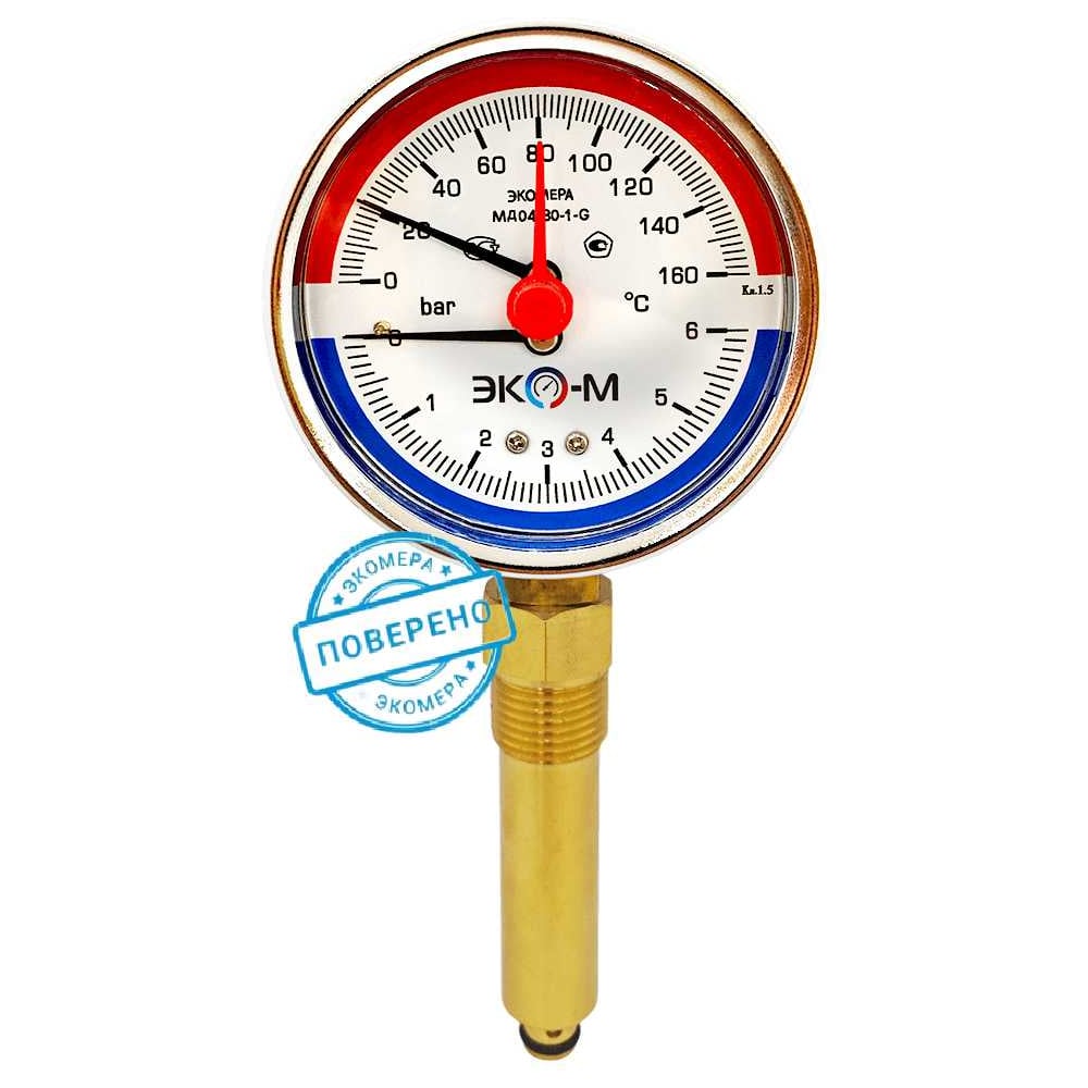 Термоманометр ЭКО-М МД04-80мм 0..6бар 0..160С G1\4 L=60mm с переходником на G1\2
(ТН ВЭД 9026204000) МД04-80-G-6-160-L-60-РИ