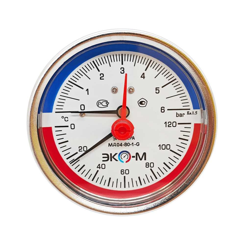 Термоманометр ЭКО-М МД04-80мм 0..6бар 0..120С G1\4 L=60mm с переходником на G1\2 осевой (ТН ВЭД 9026204000) МД04-80-G-6-120-L-60-ОИ