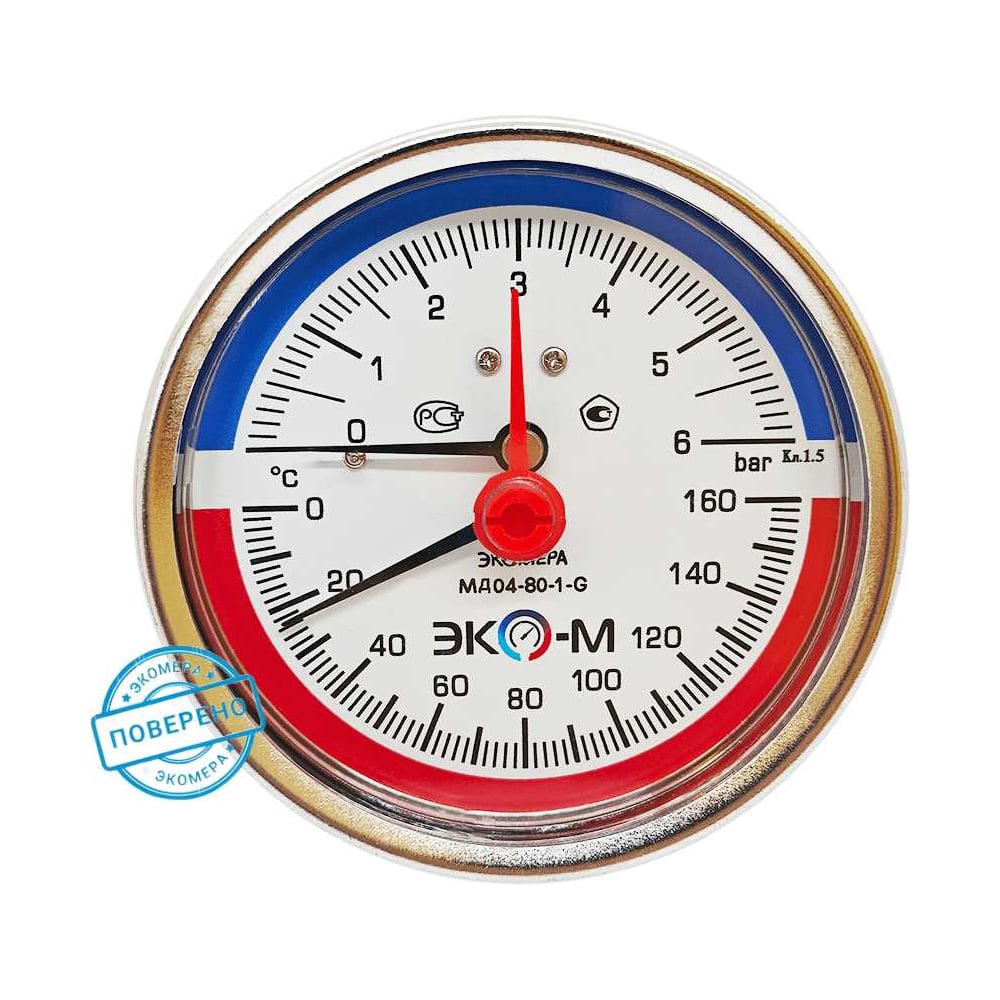 Термоманометр ЭКО-М МД04-80мм 0..6бар 0..160С G1\4 L=60mm с переходником на G1\2 осевой (ТН ВЭД 9026204000) МД04-80-G-6-160-L-60-ОИ