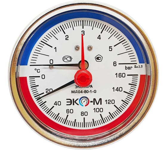 Изображение товара Термоманометр ЭКО-М МД04-80мм 0..6бар 0..160С G1\4 L=60mm с переходником на G1\2 осевой (ТН ВЭД 9026204000) МД04-80-G-6-160-L-60-ОИ