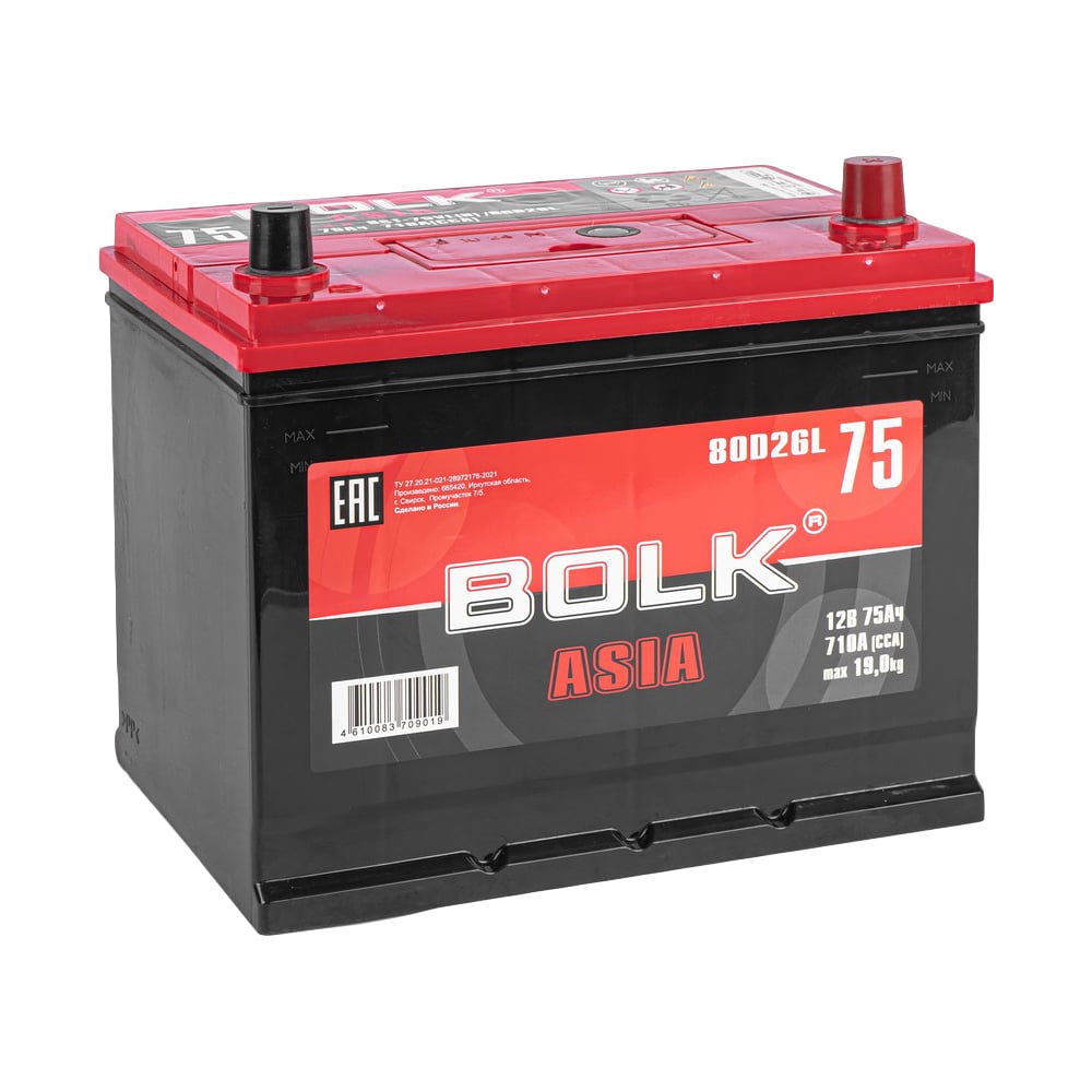 Изображение товара Аккумулятор BOLK ASIA 75 А/ч обратный R+ кальциевый 12 В для авто и техники
